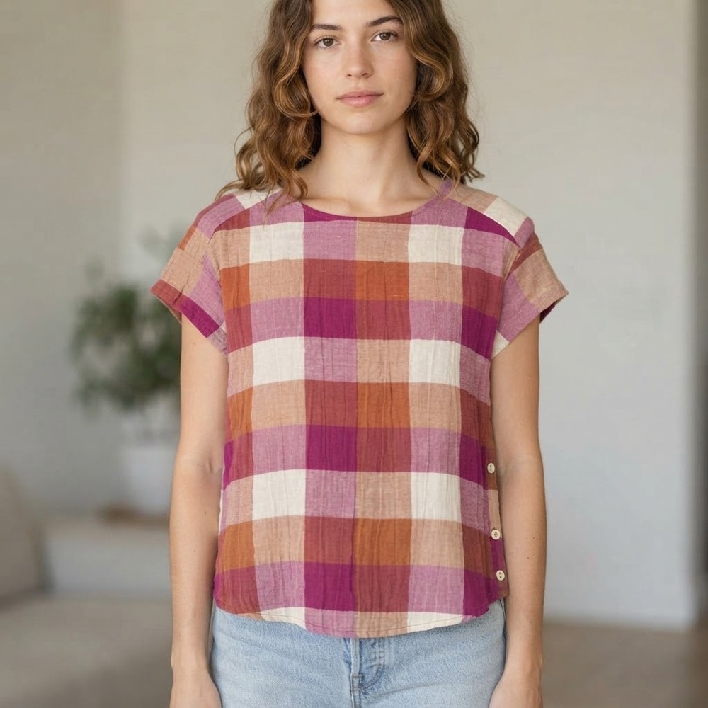 Anthropologie Isabella Sinclair Women Plaid Gauze Short Sleeve Blouse Peasant S